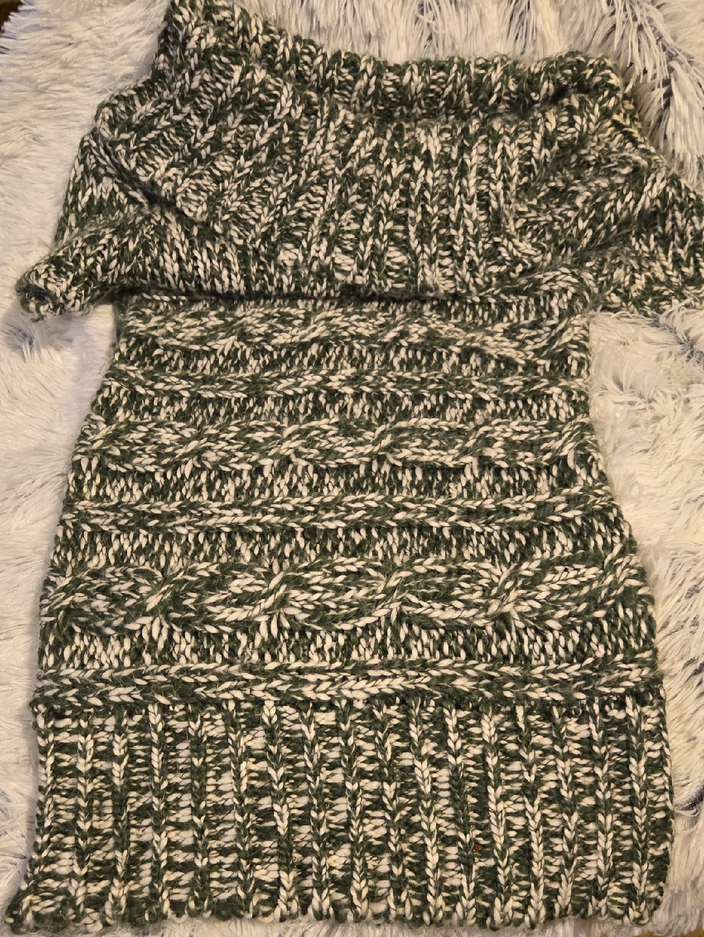 At Last Olive & Cream Cable-Knit Off-Shoulder Sweater Dress
